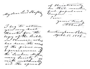 Letter from Albert, Prince Consort, to Anthony Ashley-Cooper, Earl of Shaftesbury, thanking him for a copy of the Bible in Chinese, written from Buckingham Palace