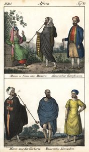 Man and woman of Morocco, a Moorish merchant, above, and a Couple of Moroccans, a merchant Moorish and below, a Berber man in a coat and a couple of Moorish nomads. Lithography for the book: “Galerie complete en tableaux fideles des peuples d