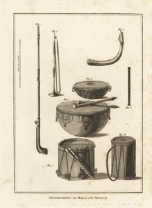 Military musical instruments: trumpet, horn, fife, kettle drum, side drum by Unbekannt