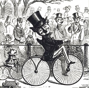Mr Punch and Dog Toby riding boneshakers by Unbekannt