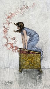 Pandora opens the box and frees demons (Coloured engraving of the 19th century)