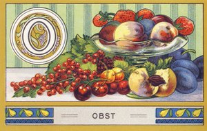 O: Fruit - Alphabet Palmin. Series of chromolithographs published by H. Schlinck & Co, Hamburg. Advertisement for Palmin finest coconut fat. Dimensions: 7 x 11 cm by William M. Timlin