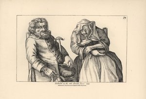 Old Darby with empty tankard and Joan with her tobacco pipe. Copperplate engraving after a satirical illustration by Timothy Bobbin (John Collier) from Human Passions Delineated, John Haywood, Manchester