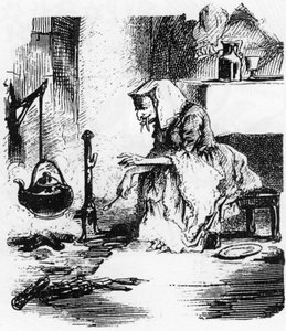 Old Witch with Big Teeth Boiling a Potion in Her Chimney