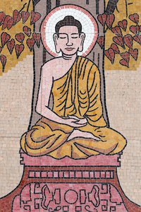Ong Nui Buddhist pagoda, Wall fresco, The life of the Buddha, Shakyamuni Buddha sitting in the meditation pose under the Bodhi tree, Quy Nhon, Vietnam, 2019