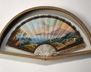 Paper fan model with a gouache painting representing the destinations of the Grand Tour, usually a practical journey by artists and intellectuals of the 18th and 19th century in the Mediterranean countries during their youth for their education and enrichm