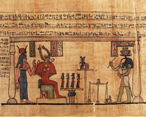Papyrus from the First Book of Breathing of Ousirour, Thoth weighing soul of Ousirour before Isis and Osiris by Alec Hunter