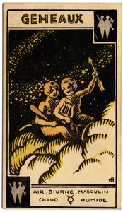 Astrology. Gemini (the Twins). Astrologic card from: Le Tarot Astrologique, by Georges Muchery, France