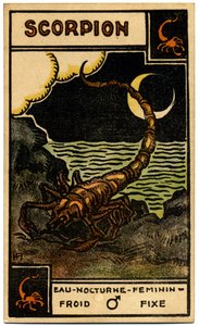 Paranormal. Astrology. Scorpio (the Scorpion). Astrologic Card from: Le Tarot Astrologique, by Georges Muchery, France
