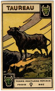 Paranormal. Astrology. Taurus (the Bull). Astrologic Card from: Le Tarot Astrologique, by Georges Muchery, France by Unbekannter Künstler