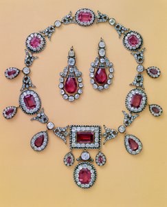 Part of an Antique Spinel and Diamond Parure Comprising Tiara, Hair Ornament, Necklace and Ear-Pendants by Unbekannt