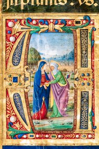 Piccolomini Library: choir book, cod. 14.P., ff. 2r with the Visitation of Mary and St. Elizabeth (detail)