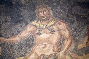 Polypheme Hall. Detail of the cyclope devouring the entrails of a goat. 3rd - 4th century. Roman Villa of the Casale, Sicilia. UNESCO site. by Unbekannt