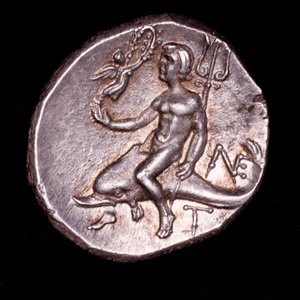 Rare Ancient Greek Coin, Calabria, Tarentum, Taras riding a dolphin holding a trident, Nike above with a Wreath Crown by Unbekannter Künstler