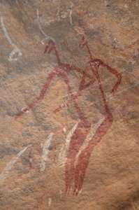 Rock Art, Prehistory: Rock painting of two longiline characters in an ornate shelter in the Uweinat Mountains, Sudan