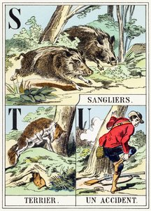 S T U: Boar, Terrier, An Accident - The Hunting Alphabet, c.1890