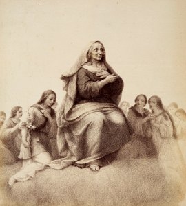 Saint Ann contentedly contemplates her daughter. Illustration of Canto XXXII in Paradiso of The Divine Comedy by Dante Alighieri. Work of Francesco Scaramuzza dedicated to the Municipality of Florence