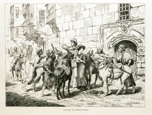 Satirical drawing depicting Western tourists surrounded by donkeys and their drivers - Illustration from the Atlas of Egypt by Unbekannt
