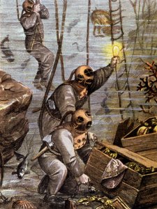 Scuba Diver Discovering Underwater Treasure, Early 20th Century (Illustration) by Unbekannter Künstler