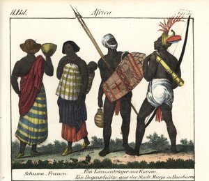 Shoua women with a baby, a spear and an archer from the Kanem Empire (Chad and Libya). Lithography for the book: “Galerie complete en tableaux fideles des peuples d