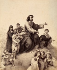 St. John the Evangelist with outstretched arms is surrounded by youth and angels; at his feet an eagle has in its talons the Gospel; a youth, to the right of the saint, holds the book of the Apocalypse (The Book of Revelation). Illustration of Canto XXXI