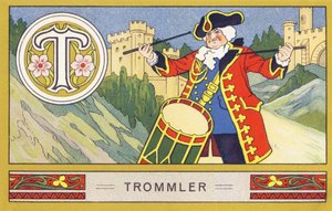 T: Drummer - Alphabet Palmin. Series of chromolithographs published by H. Schlinck & Co, Hamburg. Advertisement for Palmin finest coconut fat. Dimensions: 7 x 11 cm