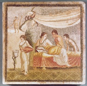The Centocelle Mosaic depicting a reclining woman attended by servants, copy of a Greek original by Unbekannt