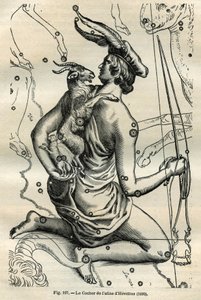 The Coach of the Atlas of Hevelius (1690): The constellation of the Coach, which holds in the right hand a whip and reins and on the left arm the Chevre and two chevrals, is one of the oldest in the Greek sphere. Engraving from Camille Flammarion