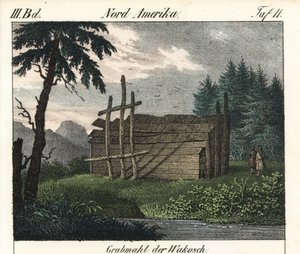 The Wood Tomb of the Wakashan Indians (Canada). Lithography for the book: “Galerie complete en tableaux fideles des peuples d