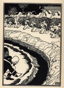 The baron defends himself from the attack of lions by setting fire to gunpowder. Illustration by William Strang and JB Clark from The Adventures of the Baron of Munchausen by Rudolf Erich Raspe