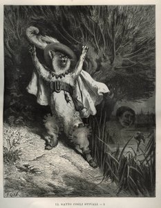 The boot cat calls for help. Engraving by Gustave Dore from 