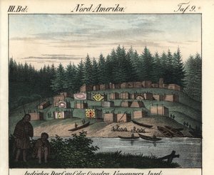 The village of wooden houses painted by Indians on Vancouver Island, Canada. Lithography for the book: “Galerie complete en tableaux fideles des peuples d