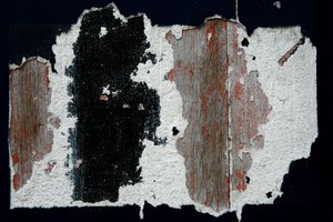 Time marks. Abstract art showing forms as a witness of passing time. Traces of paint on wood. Photography by Michel Lunardelli