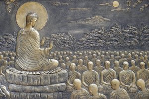 Tinh Xa Ngoc Chau Buddhist temple, The Life of the Buddha, Siddhartha Gautama, Buddha with disciples, teaching, The Buddha exhorted His first sixty Arahant disciples to go forth in different directions to preach the Doctrine, Chau Doc, Vietnam, 2018