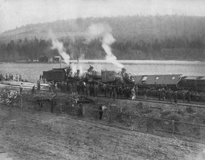 United States: c.1885 A train wreck in the countryside by Unbekannt