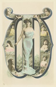 W: photo-portrait of woman standing in a blue drape by Unbekannt