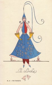 Woman in bell fancy dress costume with bell-shaped hat, dress and gloves, and belltowers in the background by Unbekannter Künstler