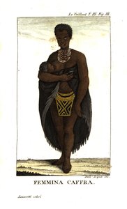Young San Woman Nursing Child, South Africa. She wears a cape, necklaces and beaded skirt. From Francois Le Vaillant by Unbekannter Künstler