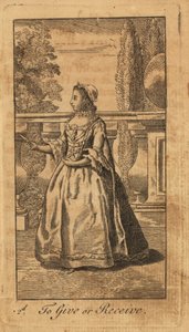 Young lady giving or receiving a fan in a park by Unbekannt