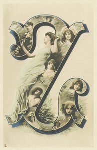 Z: Photo-Portrait of Woman in a Long Blue Drapery, Several Busts of Women in the Letter - Alphabet Portraits of Women. A. L. Editor
