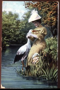 Stork Bringing a Baby to a Woman, French Postcard, Early 20th Century