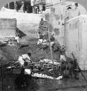 Bathing and burning the Hindu dead, Benares Varanasi, India 1903 by Underwood and Underwood
