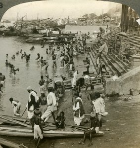 Bathing at a Ghat on the Ganges, Calcutta, India by Underwood and Underwood