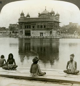 Fakirs at Amritsar, looking south across the Sacred Tank to the Golden Temple, India, c1900s by Underwood and Underwood