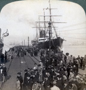 Greetings for Newcomers on the Pier Alongside the Pacific Mail SS China, at Yokohama, Japan, 1904 by Underwood and Underwood