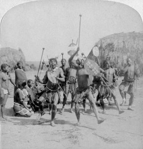 Heroic Sports of the Kraal, a Zulu War Dance, Zululand, South Africa by Underwood and Underwood
