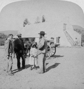 Interviewing a Boer farmer at his home near Brandfort, South Africa, Boer War by Underwood and Underwood