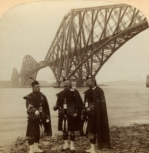 Men in Highland Dress in Front of the Forth Bridge, Scotland by Underwood and Underwood