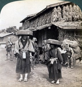 Pilgrim Beggars Beating Little Gongs, Near Lake Kawaguchi, Japan by Underwood and Underwood
