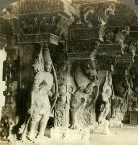 Pillars of a Hindu Temple, Madurai, India by Underwood and Underwood
